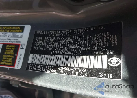 2012 Toyota Camry Le from USA, damaged, VIN 4T1BF1FK4CU623815